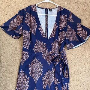 Navy Blue Floral Wrap Dress with Pink Leaf Print